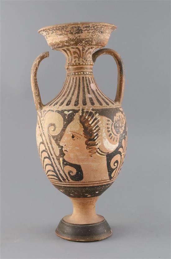 An Apulian red-figure pottery amphora, Southern Italy, 4th century B.C., part of one handle lacking